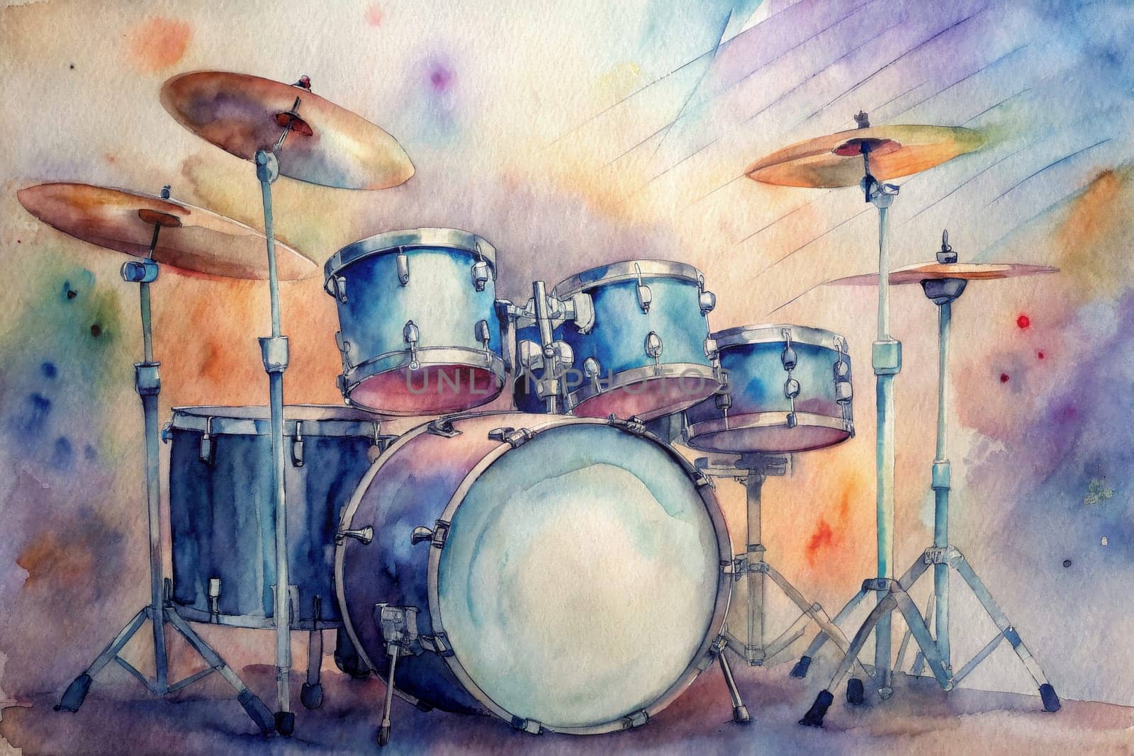 A watercolor painting depicts a drum set, painted in shades of blue and grey, with three cymbals suspended above. The drums are arranged in a classic configuration, ready for a musical performance.