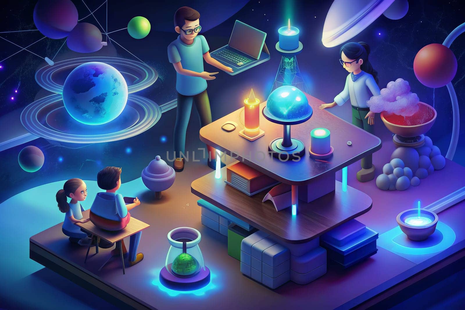 Three people interact with a glowing orb, connected to various technological structures, highlighting a vision of a future world where technology and human interaction seamlessly coexist.