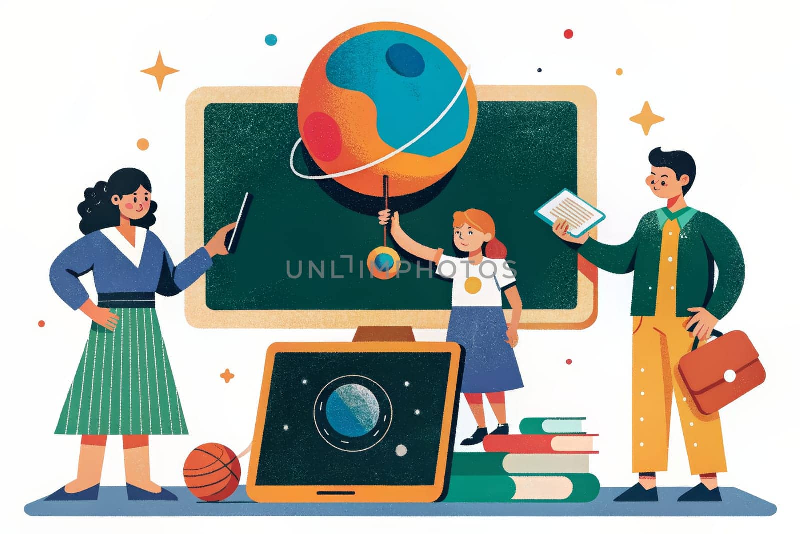 A vibrant and playful illustration depicting a classroom setting dedicated to space exploration. The scene includes a globe, a rocket, a computer, and other tools of scientific inquiry. The computer screen displays a map of the world, suggesting the global reach of human curiosity.