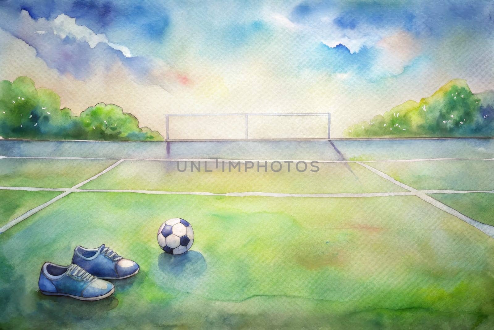 A watercolor painting depicts a soccer field with a goalpost on the left, green grass, white lines, and a single soccer ball. A pair of blue sneakers sits near a red ball in the foreground. The sun sets behind a line of trees, casting a warm glow over the scene.
