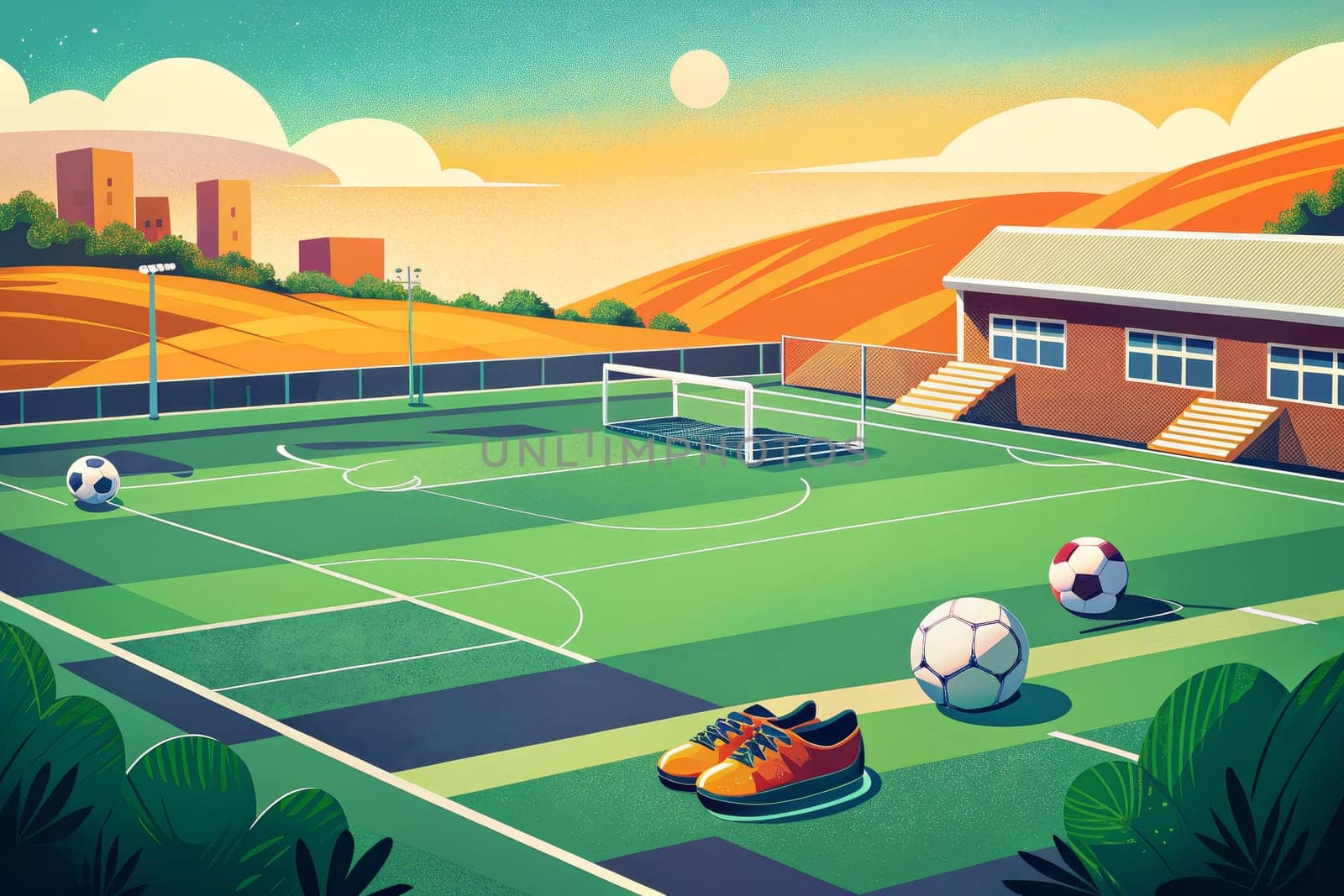 An empty soccer field awaits players under a clear evening sky, bathed in the warm glow of a setting sun. The green turf is neatly marked with white lines, and a goal stands at one end, while a pair of sneakers sits on the sidelines, ready for action. A building with windows overlooks the field, adding a touch of community to the scene.