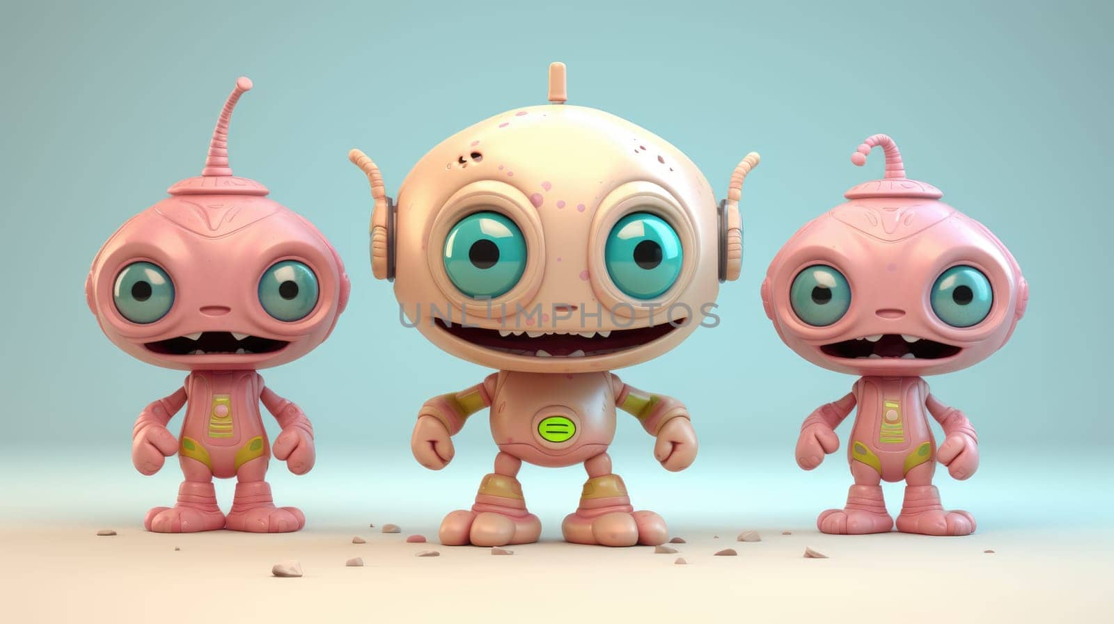 Three cute and funny alien characters with big heads and large eyes in a variety of poses