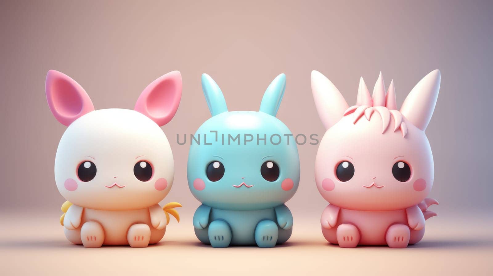 Three cute cartoon rabbits sitting in a row on a peach background
