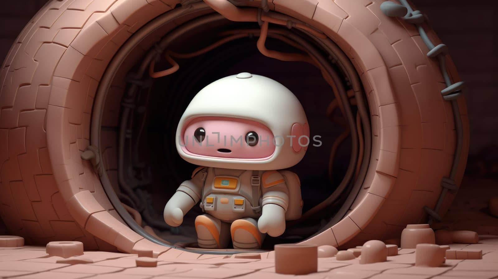 Lonely astronaut sitting on a broken spaceship in the middle of nowhere.