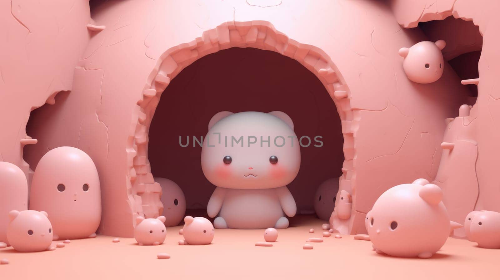 Cute 3D cat in a whimsical pink world, surrounded by playful blob-like creatures..