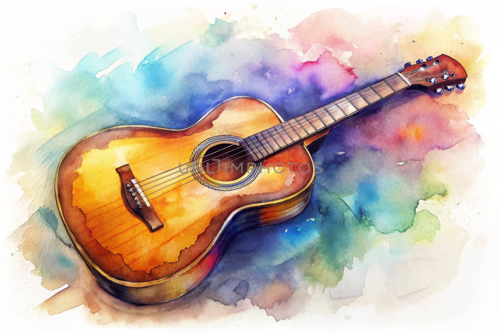 A golden acoustic guitar lays on a colorful watercolor background, its shape seemingly blending into the abstract artwork behind it. The guitar appears to be made of wood with a polished finish, giving it a warm and inviting look. The background is a vibrant abstract of colors and shapes, suggesting a dreamlike setting.