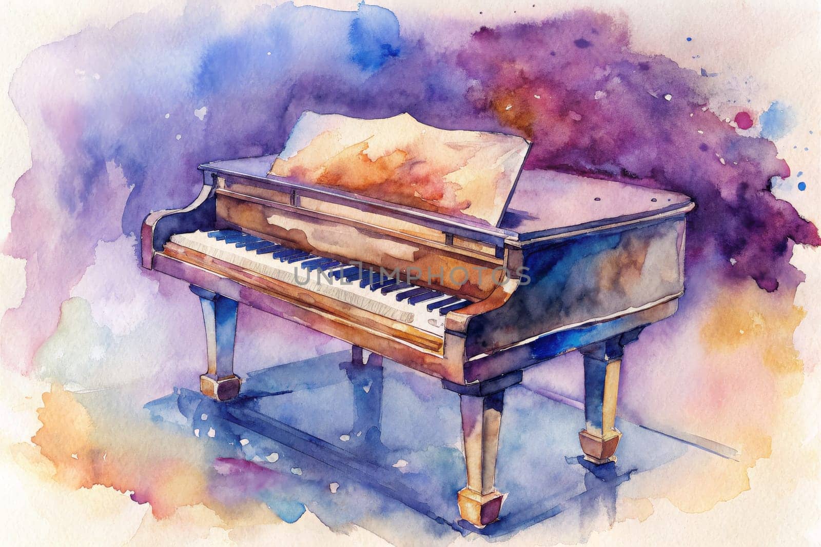 A grand piano sits on a stage under a purple and blue watercolor sky. The piano's lid is open and a few notes of music are visible on the keys. Light shines through the open lid, casting a soft glow on the instrument. The background is painted with vibrant colors, creating a sense of depth and atmosphere.