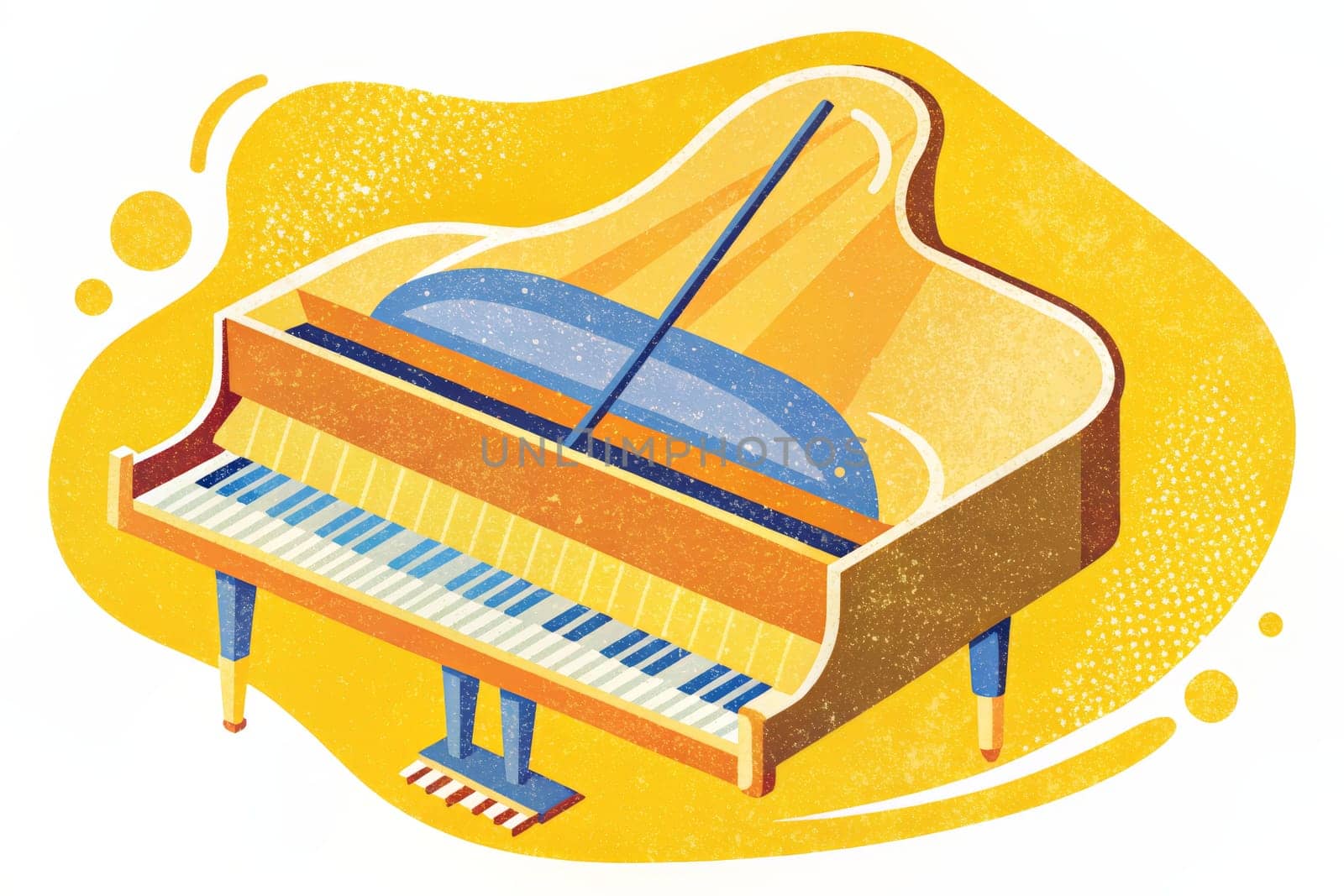The image depicts a grand piano, painted in a bright blue hue, with a yellow interior and wooden legs. The piano sits on a yellow circle, surrounded by abstract, whimsical lines and musical notes, creating a sense of lightheartedness and joy.