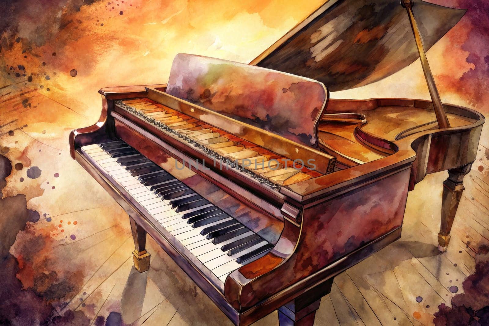 A grand piano, painted in a watercolor style, sits on a wooden floor with a warm, colorful background. The piano's lid is open, revealing the strings and the intricate details of its construction. The paint strokes add a sense of texture and depth to the image, creating a visually striking and artistic representation of a musical instrument.