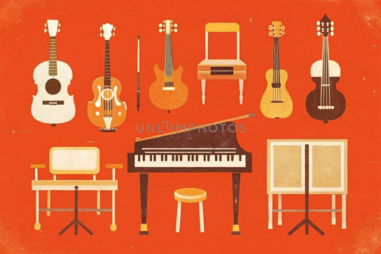A red backdrop features a whimsical collection of musical instruments, including a guitar, a violin, a cello, a piano, and two chairs. The scene evokes a sense of anticipation and the promise of a beautiful melody soon to be played.