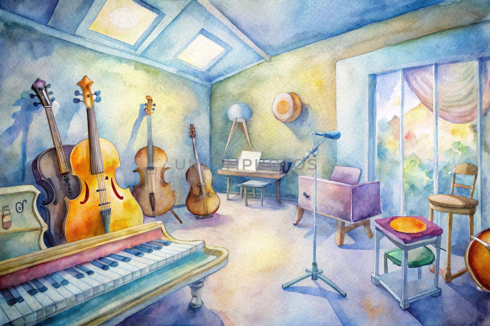 A watercolor painting depicting a music room filled with instruments, including a grand piano, violins, and a cello. The room is bathed in a soft, warm light that falls on the instruments and the floor. A window with a colorful view can be seen in the background.