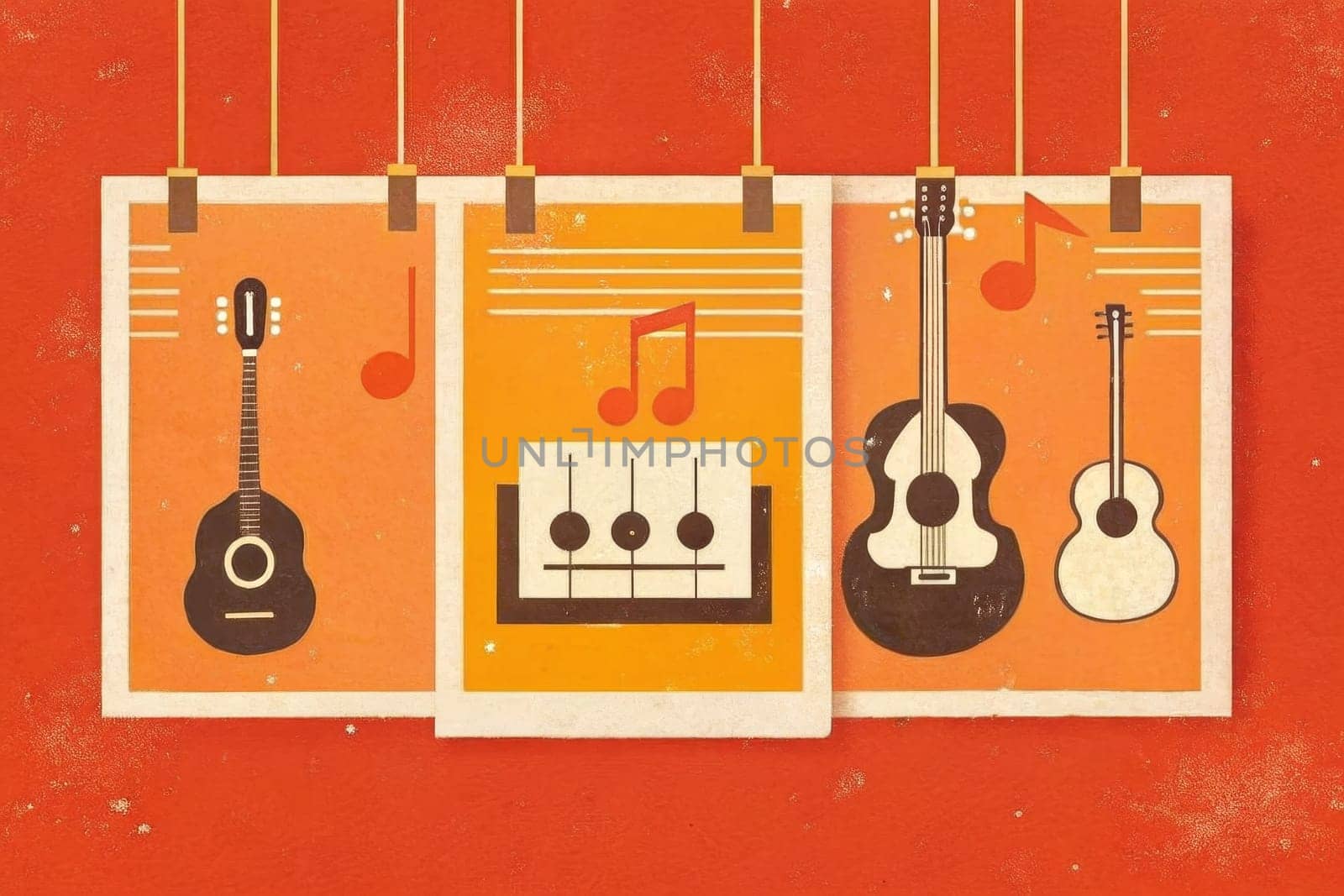 Three white-framed posters hang on a red wall, each depicting a musical instrument or symbol. The poster on the left showcases a black acoustic guitar with a sound hole against a pink background, with music notes and a treble clef surrounding it. The middle poster features a black music note on a stand against a peach background. The poster on the right depicts a black electric guitar with a pickguard and six strings against a pink background.
