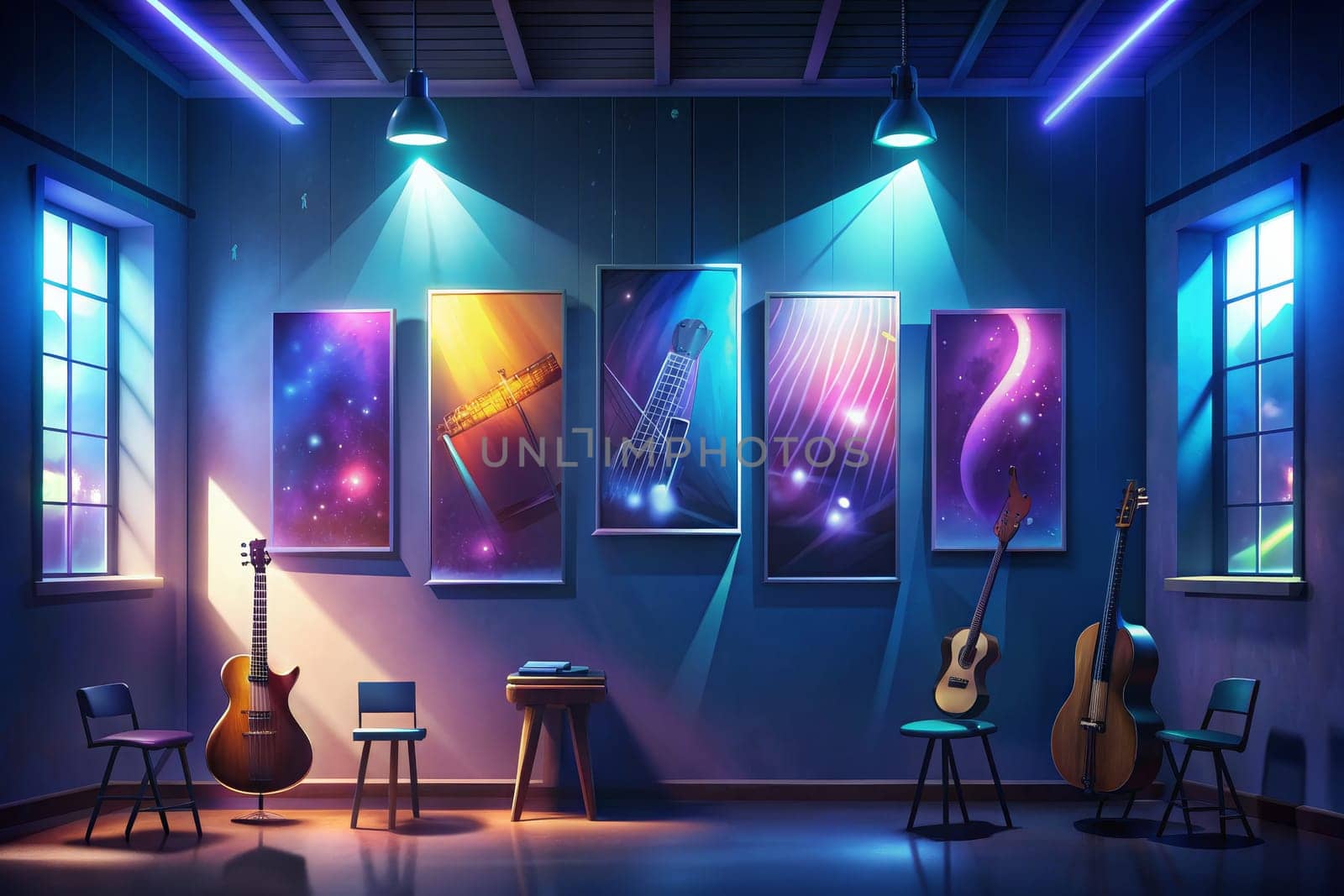 A dimly lit gallery space with brick walls features four framed artworks illuminated by hanging light bulbs. Two guitars, one silver and one brown, hang on the wall to the right, with a small stool in front of them. The artwork features abstract designs in vibrant hues of blue, green, purple, and pink.