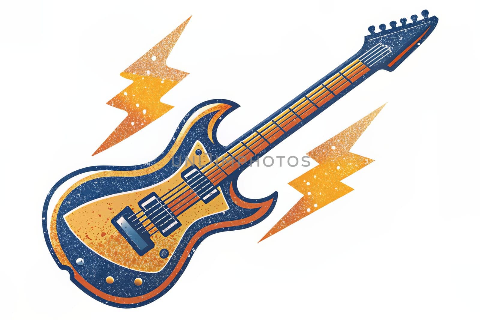 A vintage electric guitar with a blue and gold finish is depicted against a white background. The guitar is surrounded by two bright yellow lightning bolts, symbolizing the energy and excitement of rock and roll music.