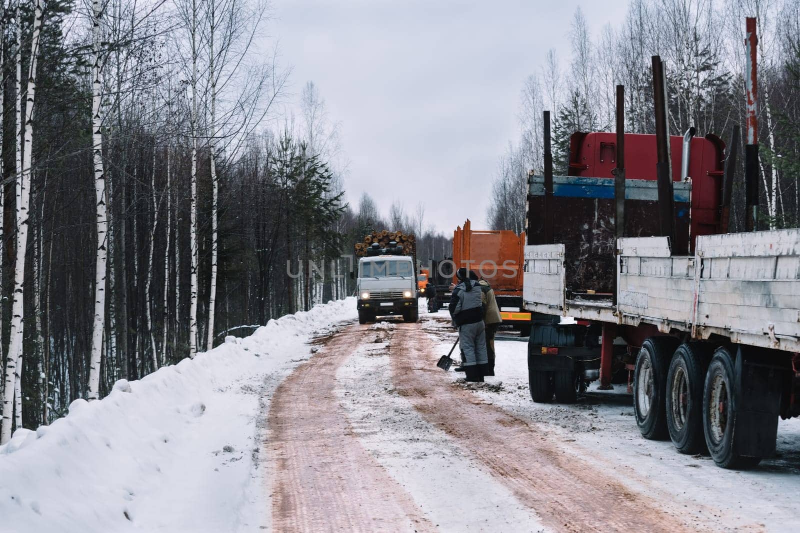 Timber truck loaded with fresh logs driving along snowy road in winter forest