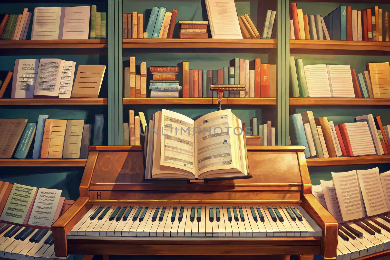 A grand piano sits in a room with bookshelves overflowing with books. A single book rests open on a music stand, revealing its pages filled with musical notes. The warm lighting illuminates the room, creating a cozy and inviting atmosphere.