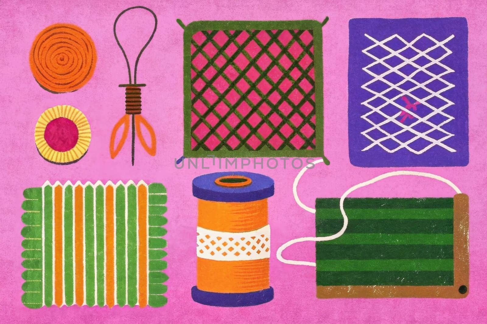 A vibrant, stylized illustration of various weaving tools and supplies, including spools of yarn, a shuttle, and woven mats in a variety of colors and patterns. The design creates a visual tapestry of intricate details and textures.