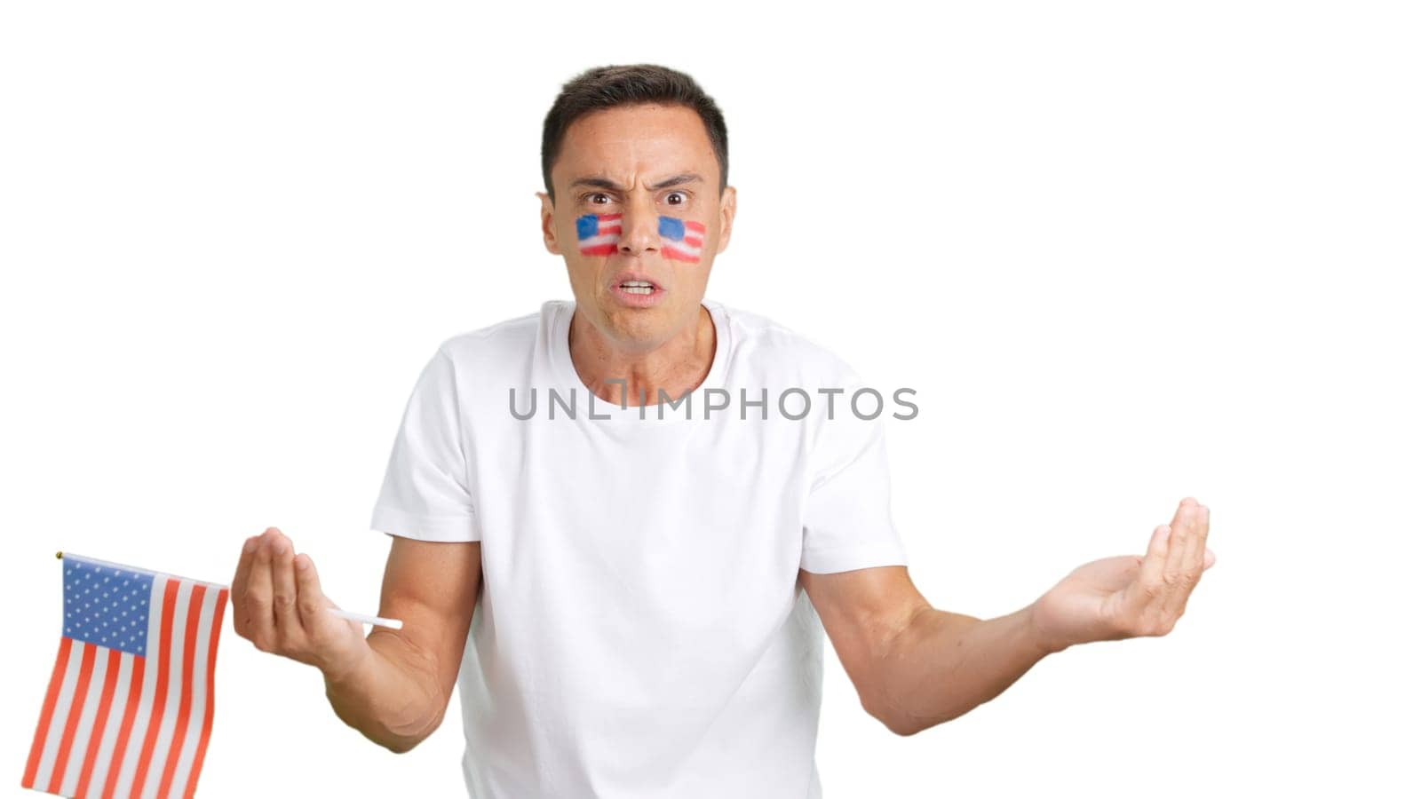 Man waving a United States national flag angry with a with a referee's decision