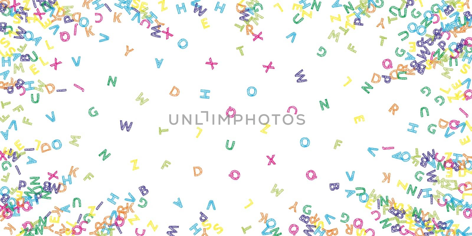 Scattered letters of latin alphabet. Colorful childish floating characters of English language. Foreign languages study concept. Back to school banner .
