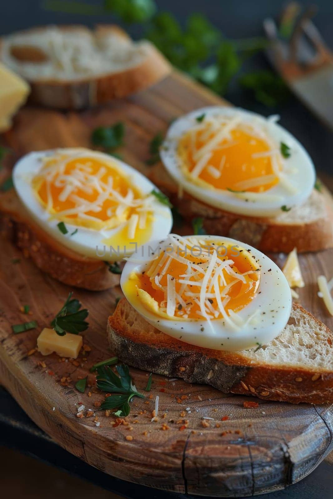 Bread with butter and cheese and boiled egg, food, Generative AI,