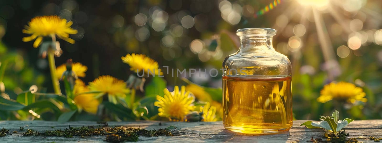 dandelion essential oil in a bottle, nature Generative AI,