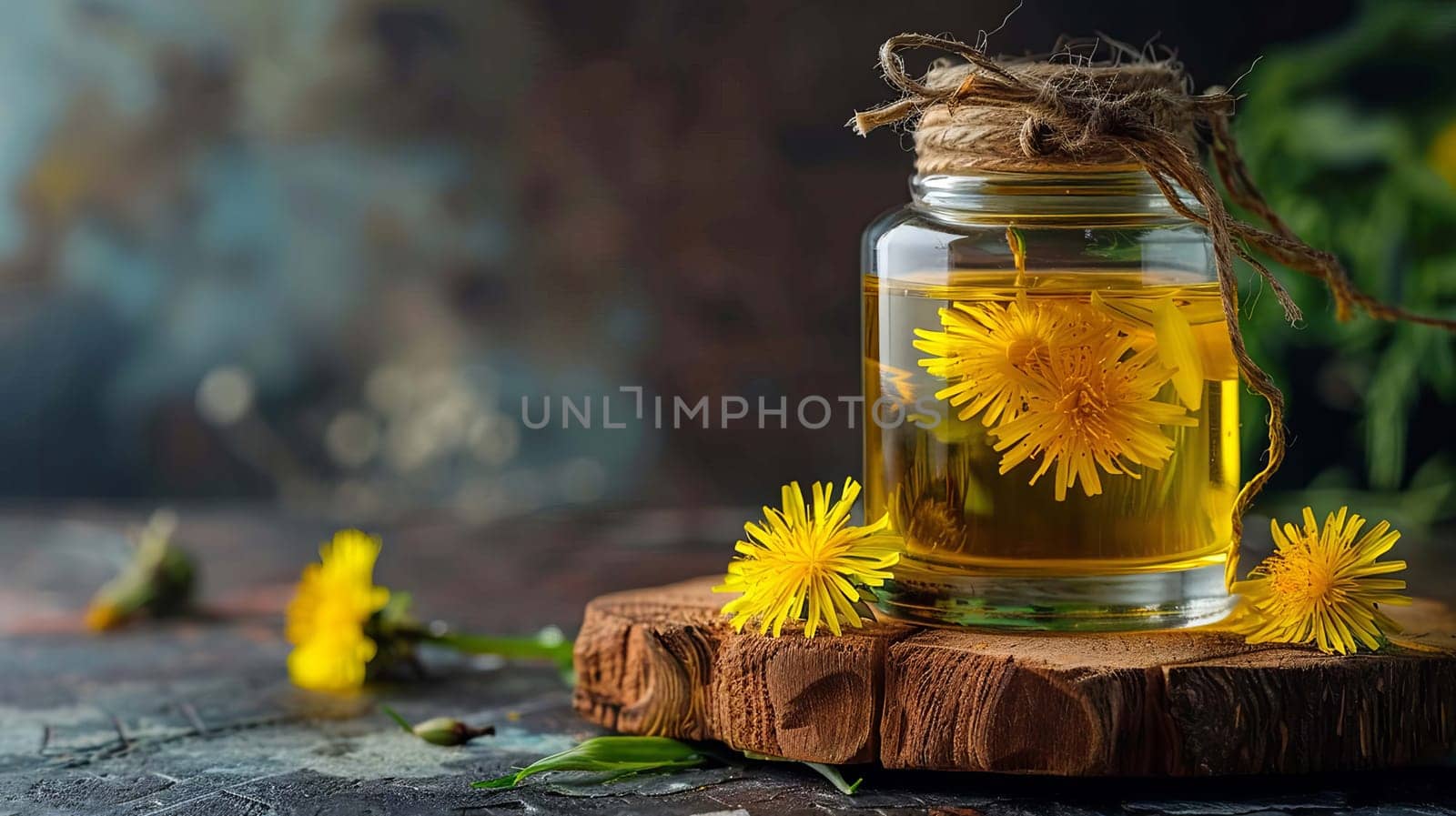 dandelion essential oil in a bottle, nature Generative AI,