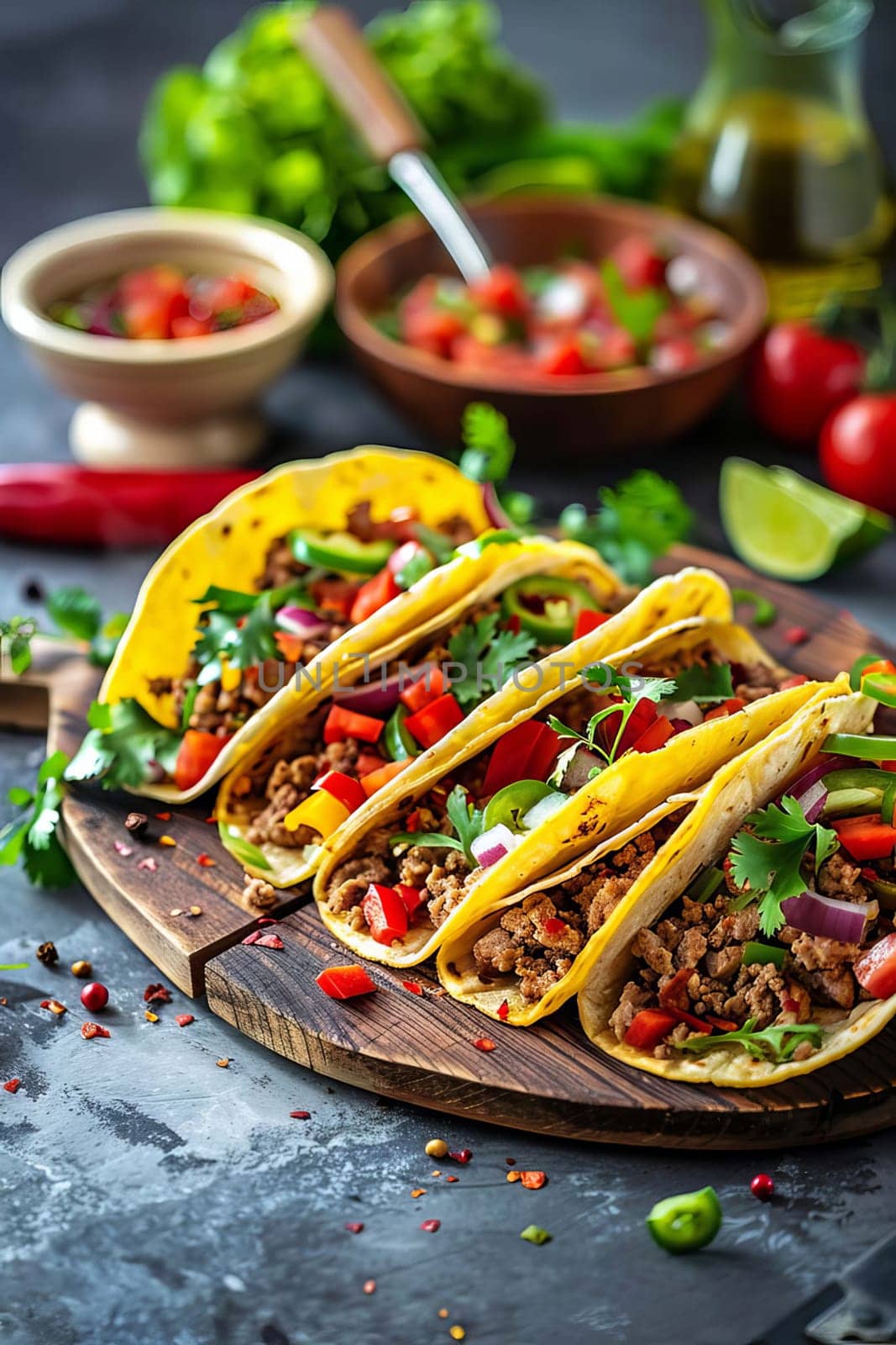 Mexican tacos on a wooden plate, food Generative AI,