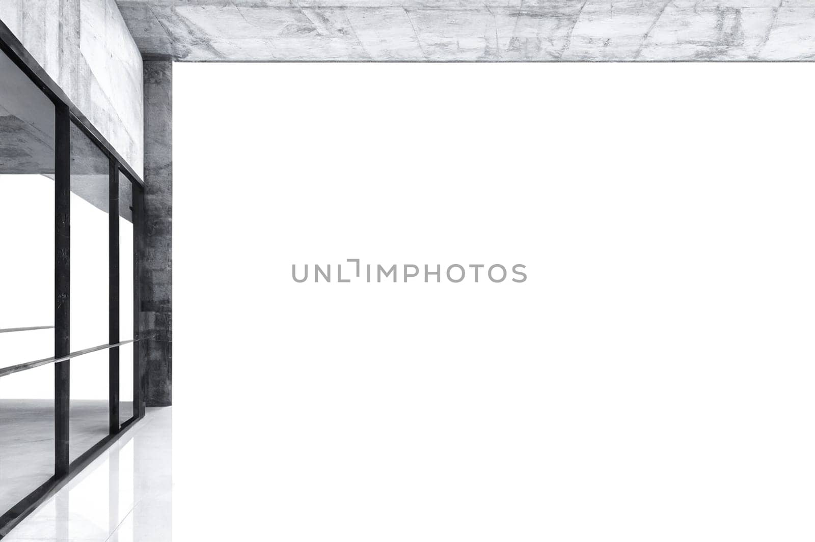 A modern architectural space with white floor and copy space concrete walls and floors, creating an industrial and minimalist aesthetic.