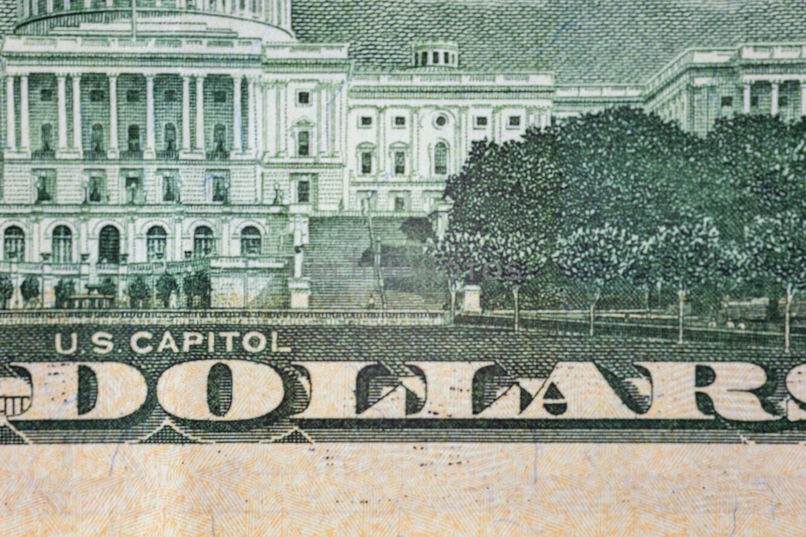 The detailed depiction of the U.S. Capitol Building can be seen on a U.S. dollar bill in a closeup view