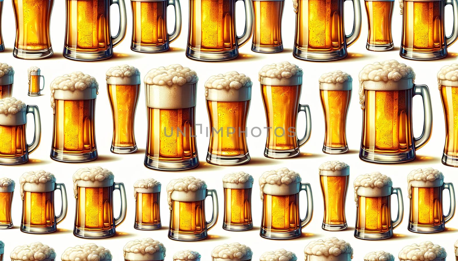 a seamless horizontal pattern of beer mugs on a white background.