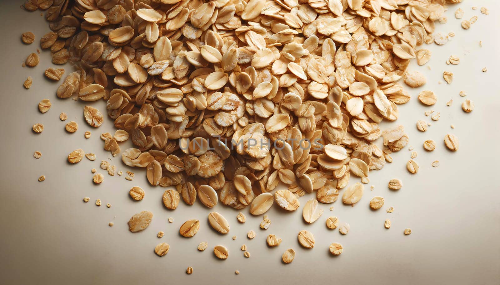 horizontal background texture of oatmeal flakes scattered across a flat surface.