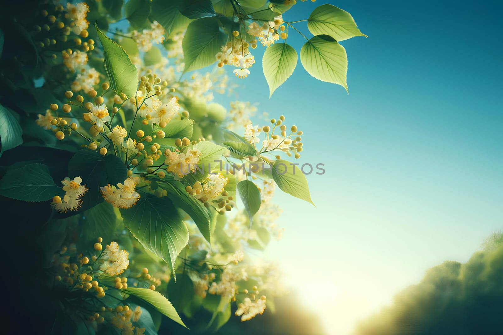 blooming linden branches on a clear sky, copy space