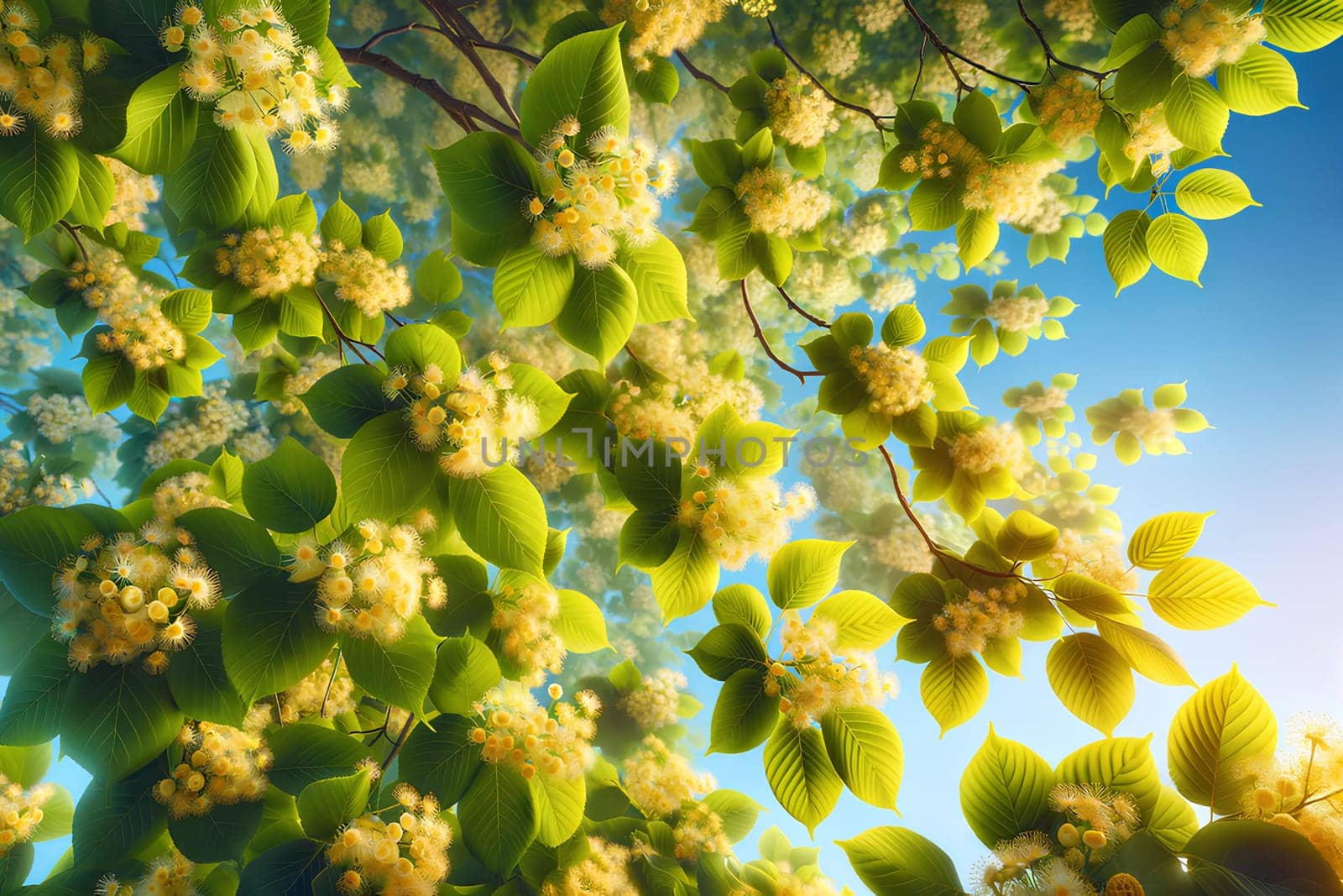 Blooming pale yellow linden branches close up in sunlight.