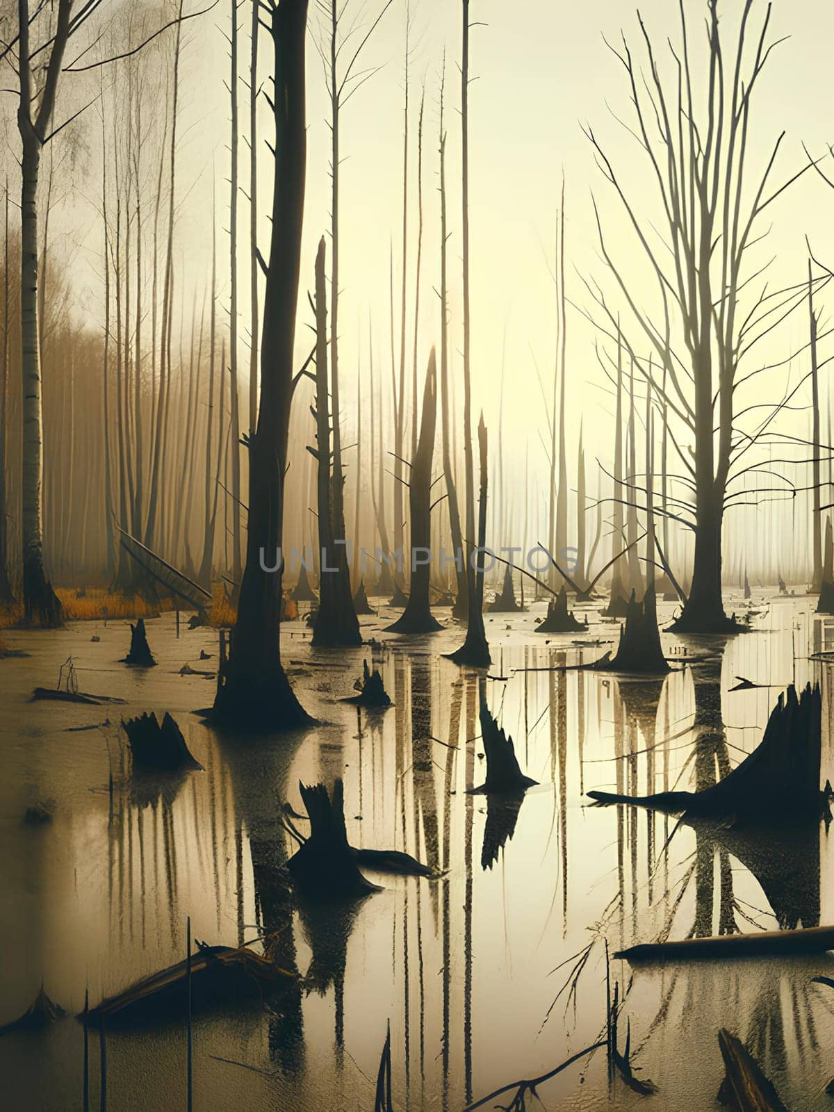 A swampy dying forest with sparse, withered trees with bare branches standing in the water. Infected area.