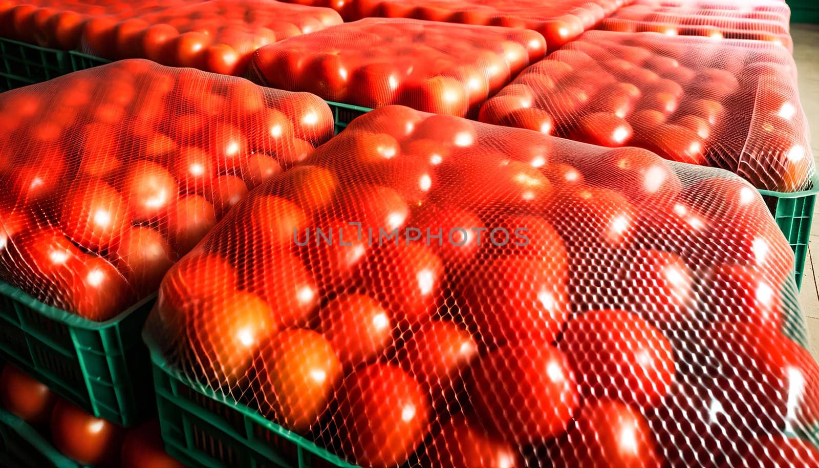 ripe tomatoes in nets in plastic boxes stacked on top of each other.