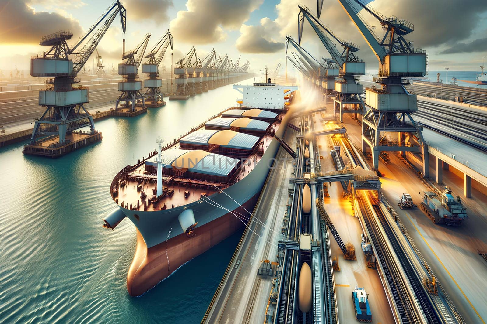 the loading of grain into a cargo ship at a seaport.