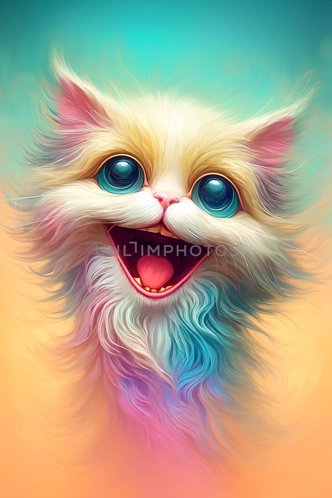 A vertical portrait of a laughing cat in a whimsical artistic style.