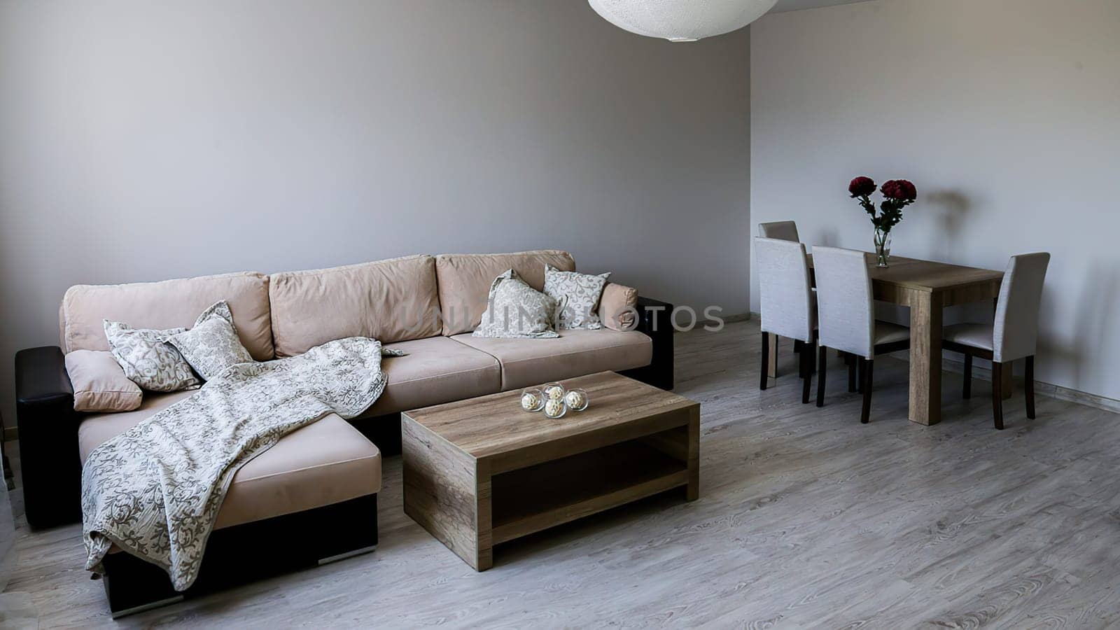 A sofa with throws and pillows, a coffee table, a table with three chairs, a vase with red flowers, a light gray floor and walls.
