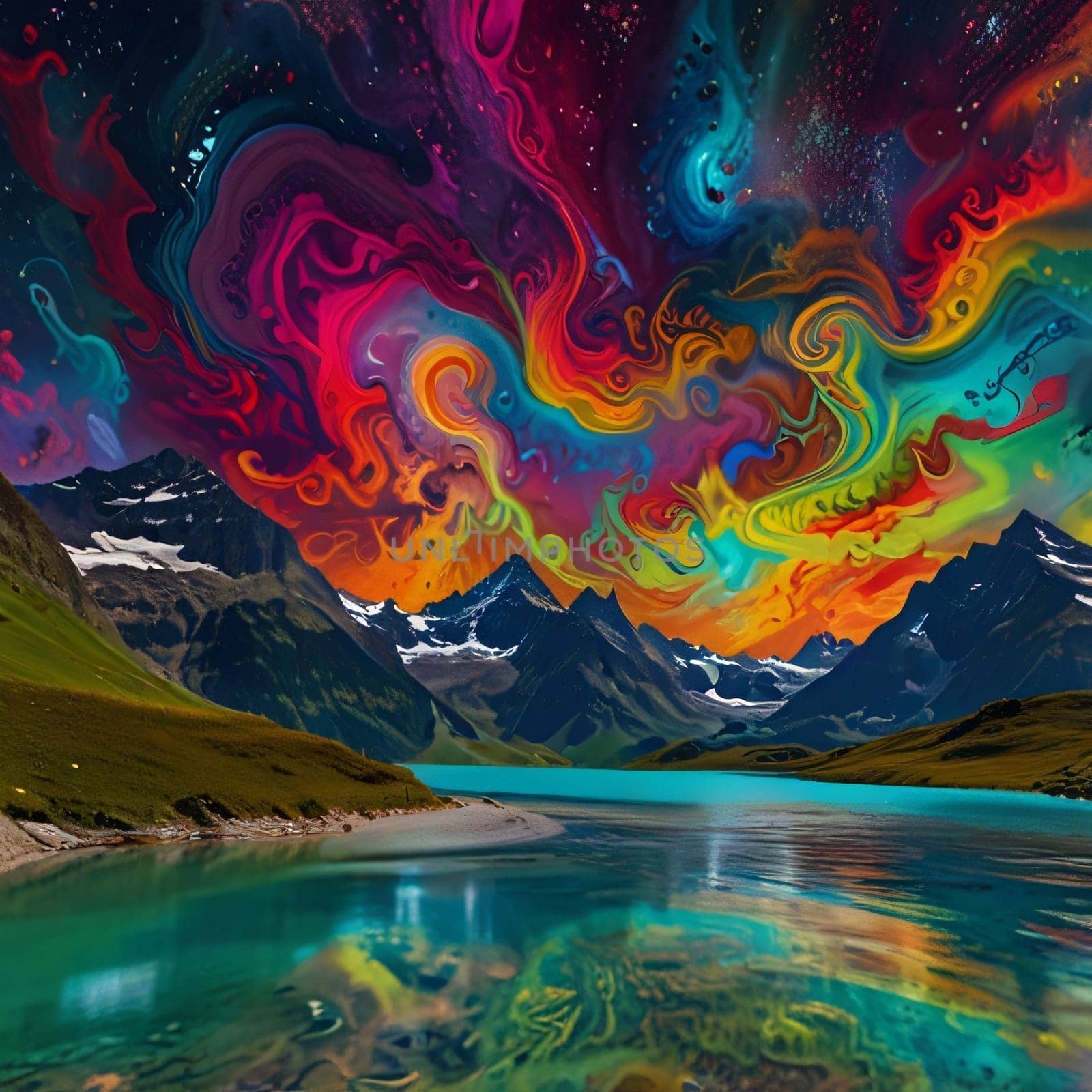 Fantasy epic magic mountain landscape, Mystical spring valley, Panoramic view of big mountains and lake, Mountains landscape, Rural nature background, hills horizon for multimedia content creation background