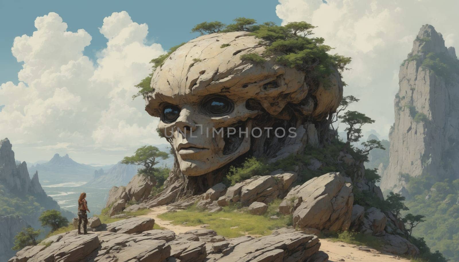 Two figures, one standing and one sitting, stand near the edge of a cliff, gazing at a massive stone giant that sits perched atop the mountain. The giant's gaze is directed towards a valley in the distance, where a vast expanse of rolling hills and greenery unfolds. The air is thick with a light mist, giving the scene an ethereal quality.