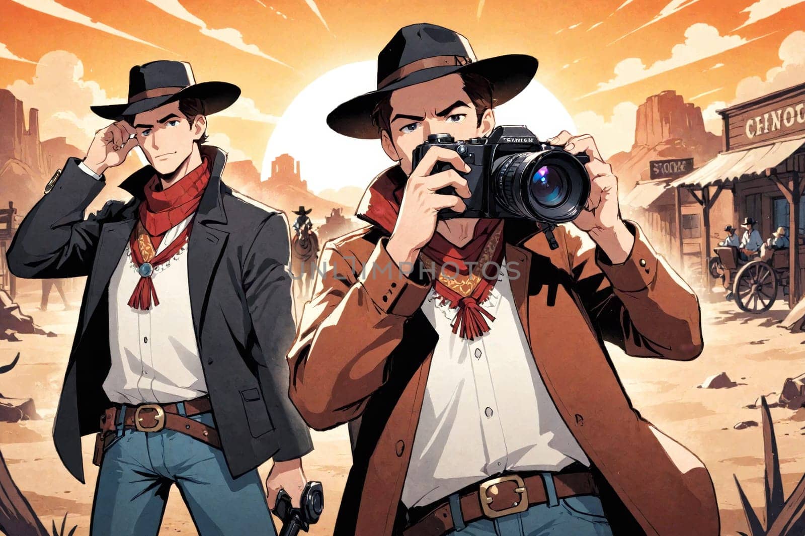 The image portrays a cowboy taking a photo in an old western town, blending photography with a classic western theme.