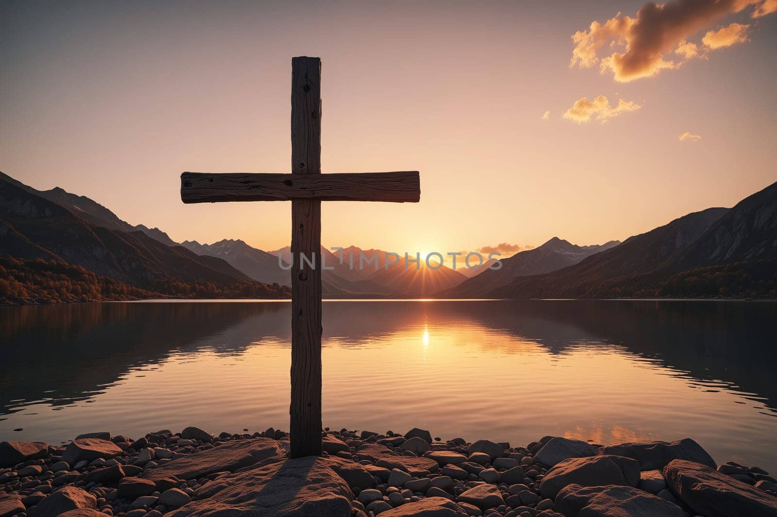 A serene view of a cross by a calm lake at sunset, with mountains in the background.
