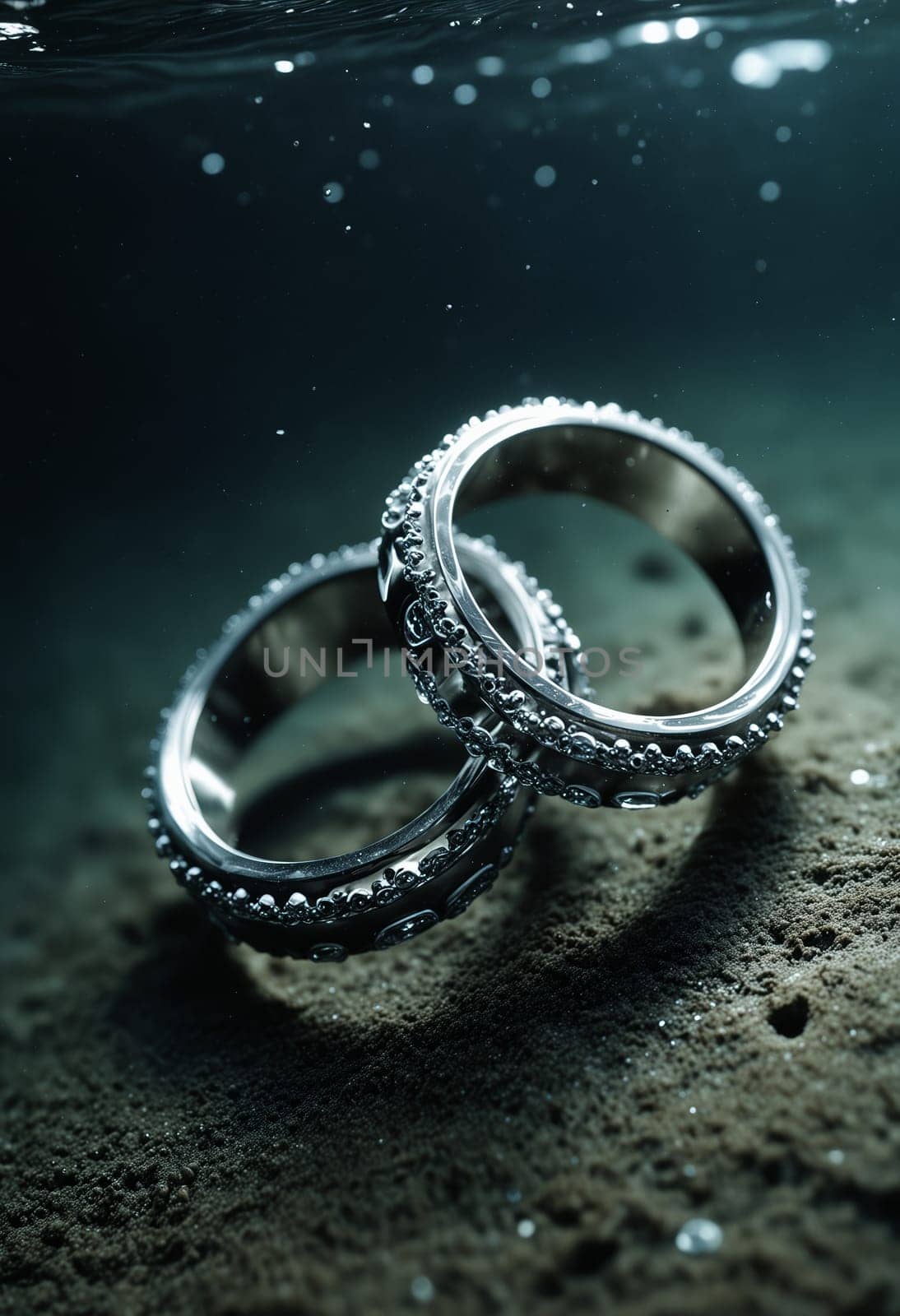 Elegant gold rings adorned with diamonds displayed underwater, creating a mesmerizing and unique presentation on a sandy seabed.