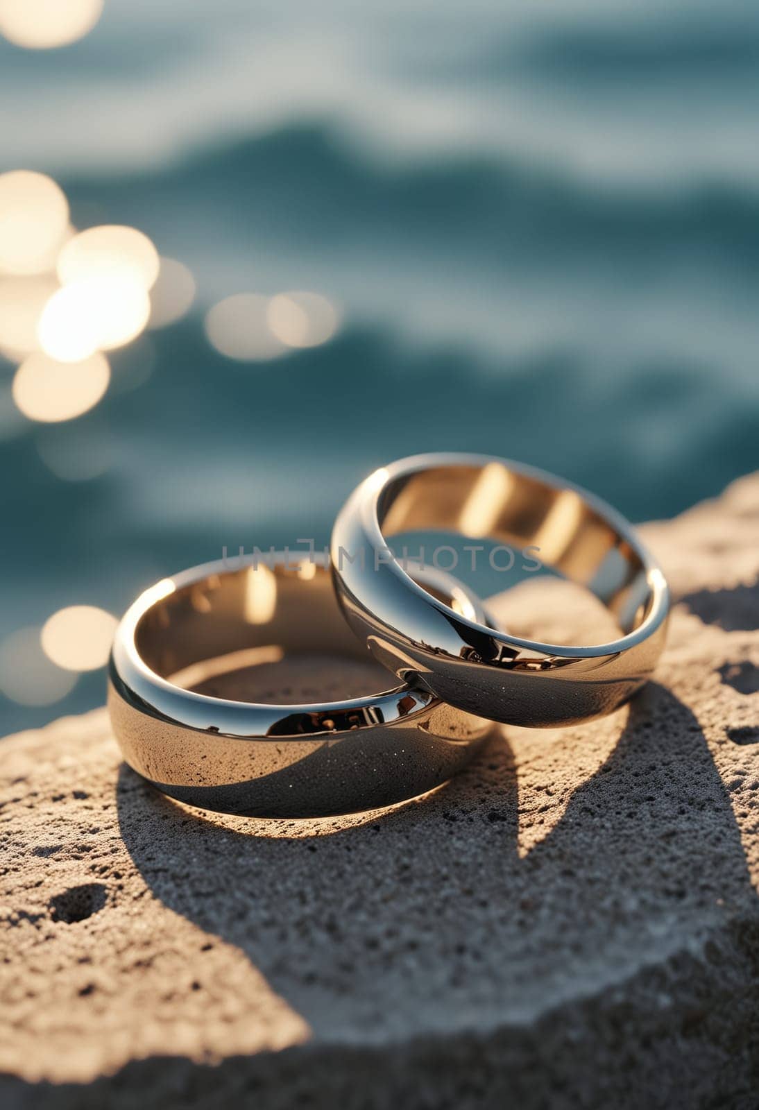 A pair of gold wedding bands resting on a rocky surface, with the ocean's sparkling waters in the background, symbolizing timeless love.