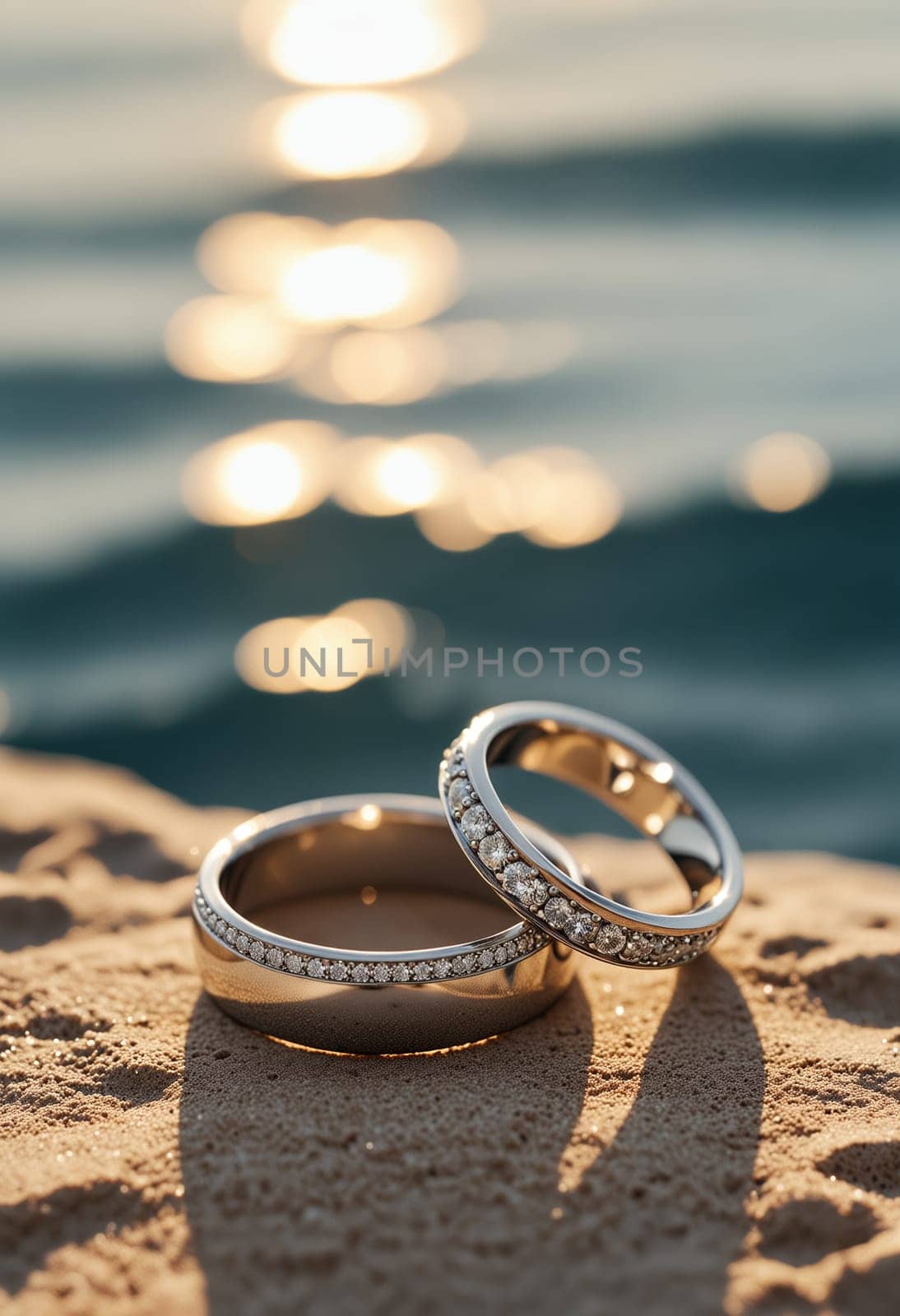 Two wedding bands rest on a sandy beach, illuminated by the golden light of the setting sun. The ocean waves gently lap at the shore in the background, creating a romantic and serene atmosphere.