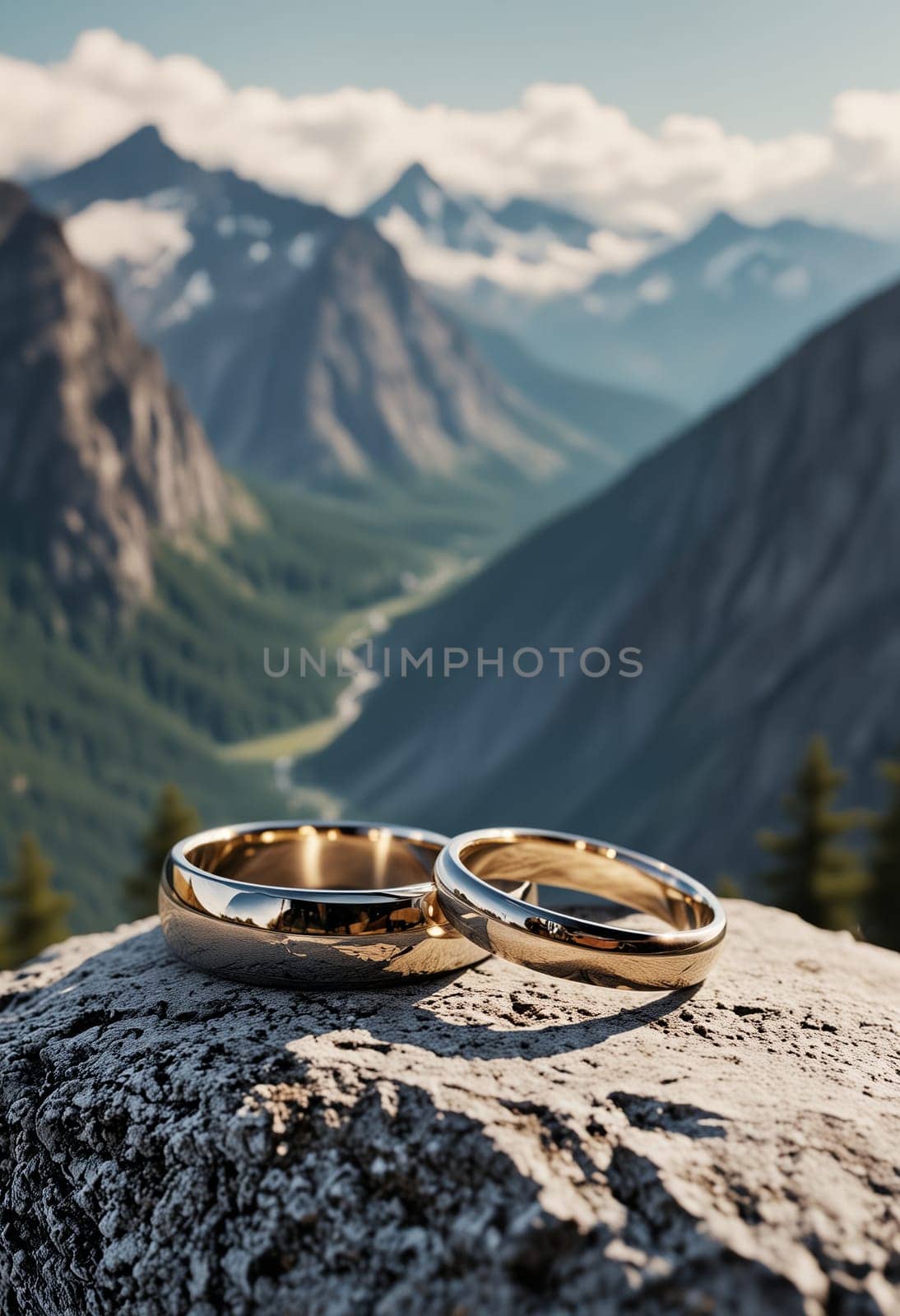 Luxurious gold rings showcased on a rock, with a breathtaking view of mountains in the background, highlighting their elegance and craftsmanship.