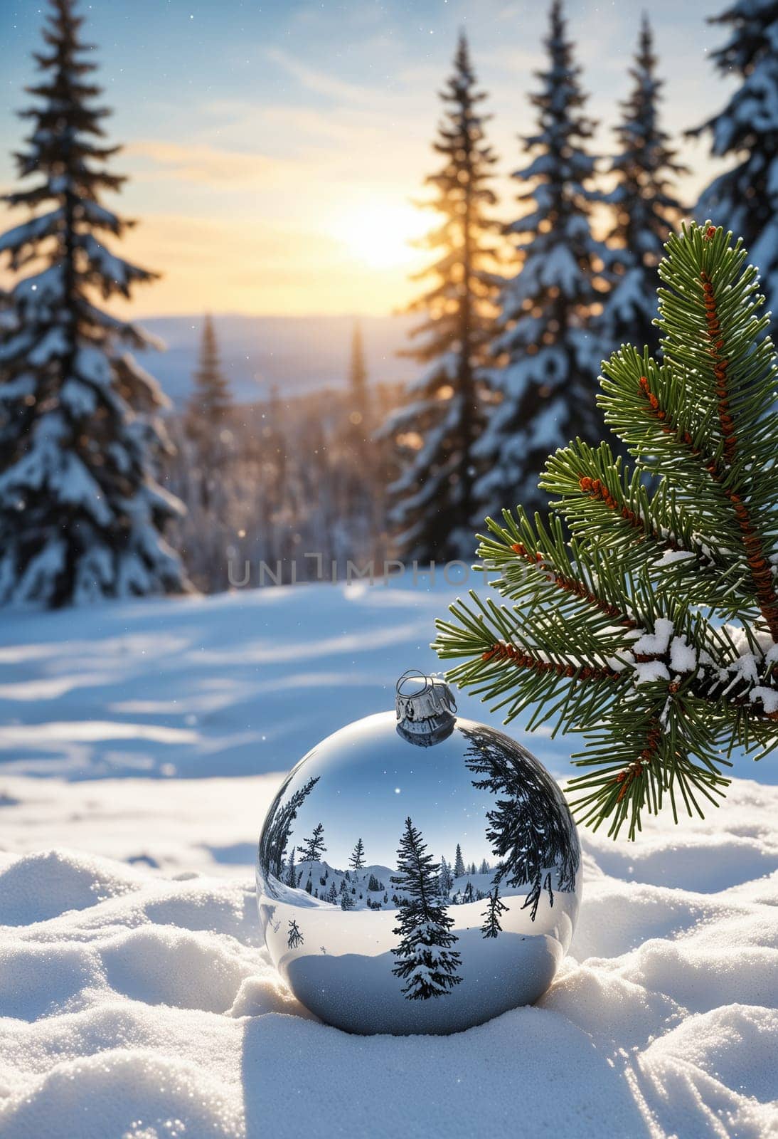 A silver Christmas ornament rests on a bed of fresh snow in a winter forest. The ornament reflects the surrounding trees and the snowy landscape, creating a mesmerizing scene of winter beauty. The soft glow of the setting sun bathes the scene in a warm and magical light.