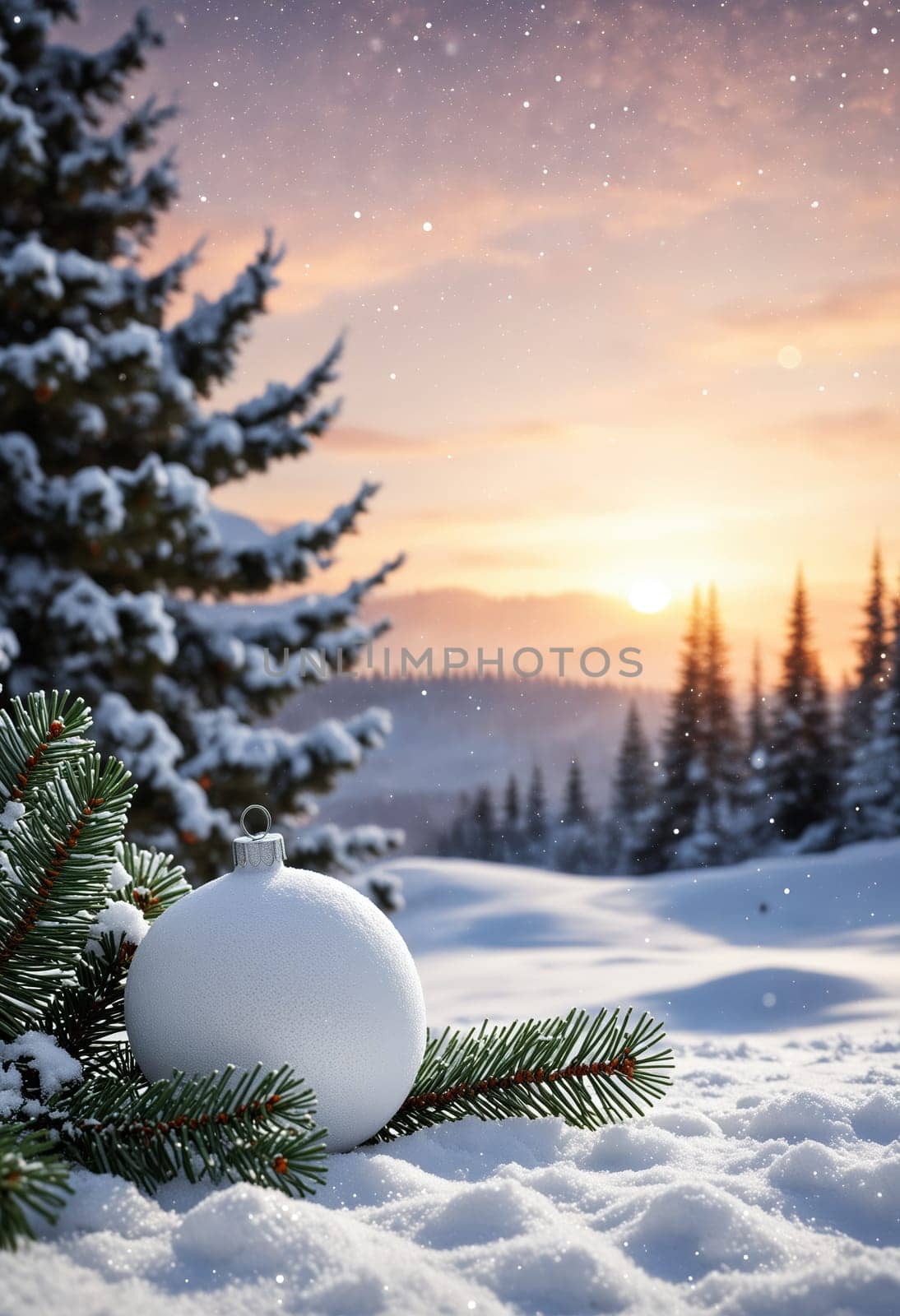 A white Christmas ornament sits nestled amongst the evergreen branches of a pine tree. The background shows a snowy forest with snow-covered trees and a bright, sunny sky.