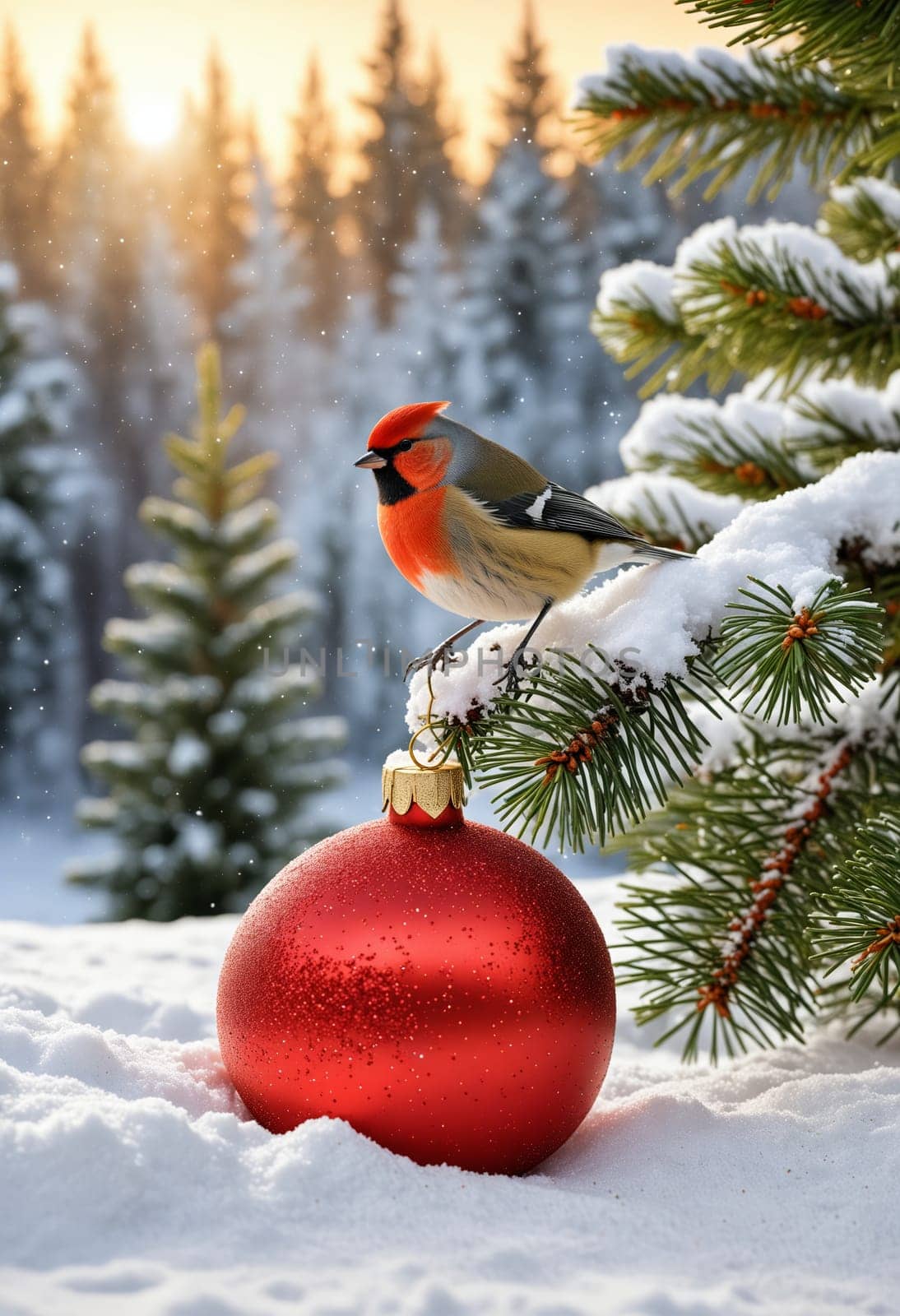 A red-breasted bird sits perched on a snow-covered pine branch in a winter forest setting. A bright red Christmas ornament lays in the foreground, partially obscured by the snow. The sunlight casts a warm glow through the trees, creating a magical winter scene.