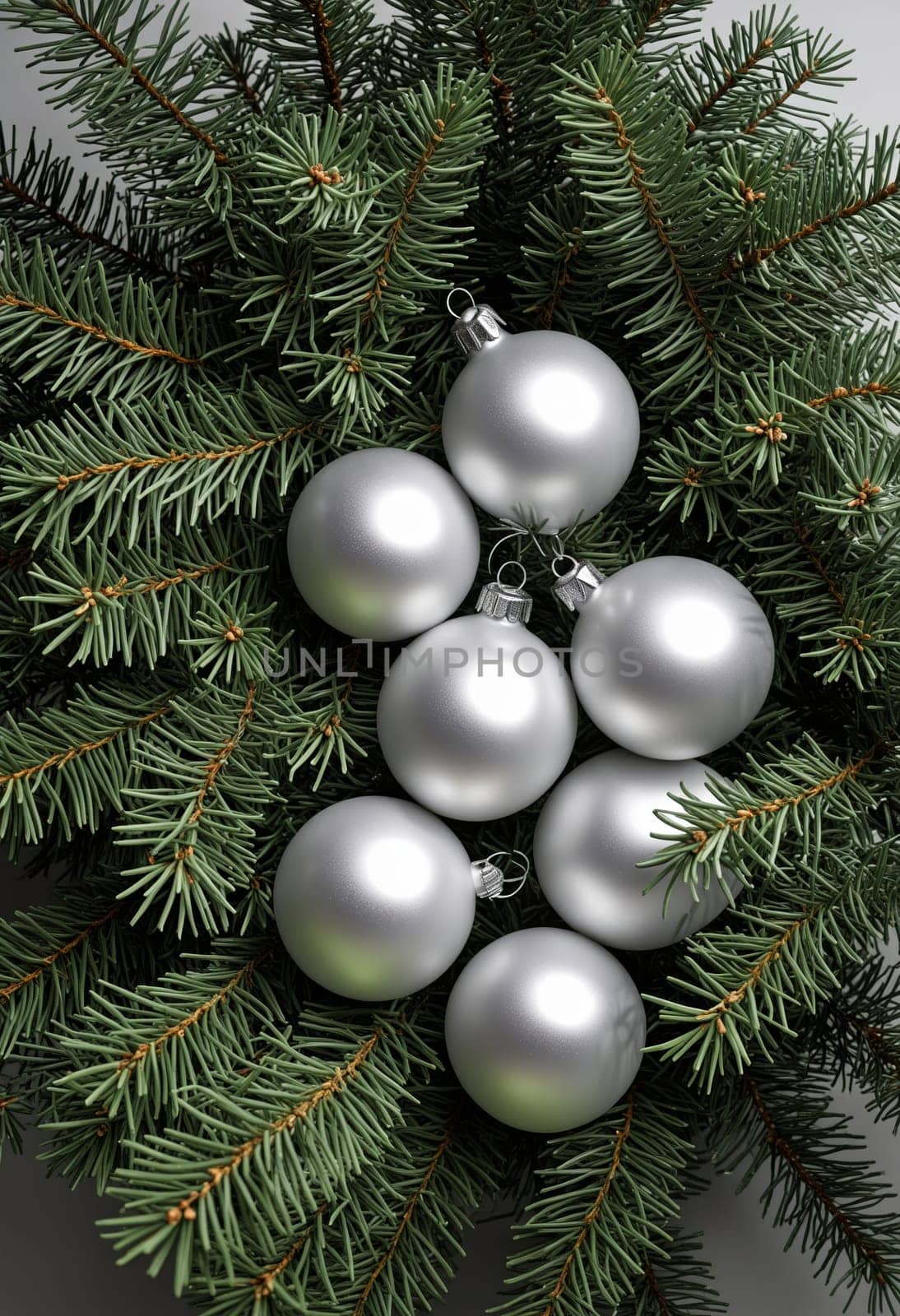 A close-up image showcasing a cluster of silver Christmas ornaments nestled amongst vibrant green evergreen branches. The ornaments reflect light, creating a sparkling effect, while the lush branches create a backdrop of natural beauty.